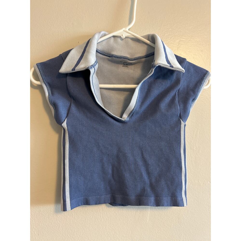 Out From Under Ribbed Cropped Polo Baby Tee Blue Y2K Stripe Top